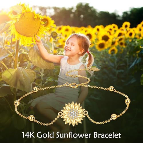 KECHO 14k Yellow Gold Sunflower Jewelry for Women, Fine Gold You are My Sunshine Jewelry Gifts for Her - style: Sunflower Bracelet - Bead