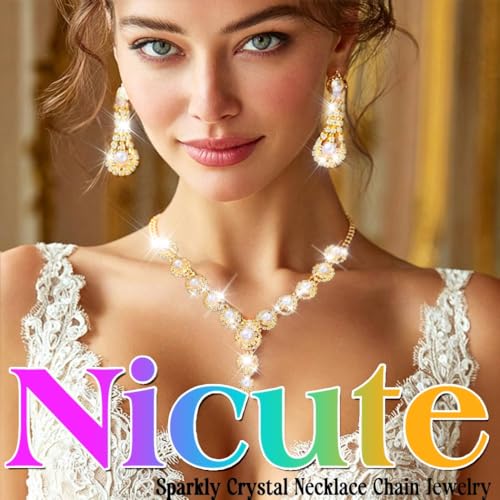 Nicute Pearl Jewelry Set Sparkly Rhinestone Necklace Earrings Sets Prom Costume Bridal Jewelry Set for Women - color: Gold