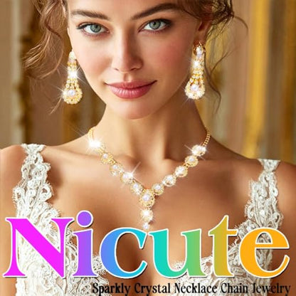 Nicute Pearl Jewelry Set Sparkly Rhinestone Necklace Earrings Sets Prom Costume Bridal Jewelry Set for Women - color: Gold