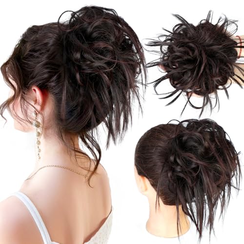 HMD Tousled Updo Messy Bun Hair Piece for Women Synthetic Hair Extension | Messy Bun Hair Piece with Elastic Scrunchie Synthetic Tousled Updos Ponytail Hairstyles for Daily Wear - color: Dark Chocolate Brown