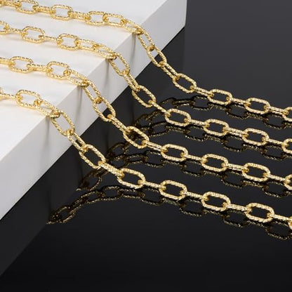 KYUNHOO 9.8 Feet Embossed Paperclip Chain for Jewelry Making with Clasps | 18K Gold Plated Mixed Material Bulk Jewelry Chunky Paper Clip Necklace Making Chains for Crafts DIY - color: Paperclip Gold