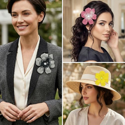 3.74 Inches Rhinestone Camellia Flower Brooch Pins & Hair Clips for Women Elegant Created Crystal Lapel Pin Brooches Wedding Party - color: Multicolor Pack