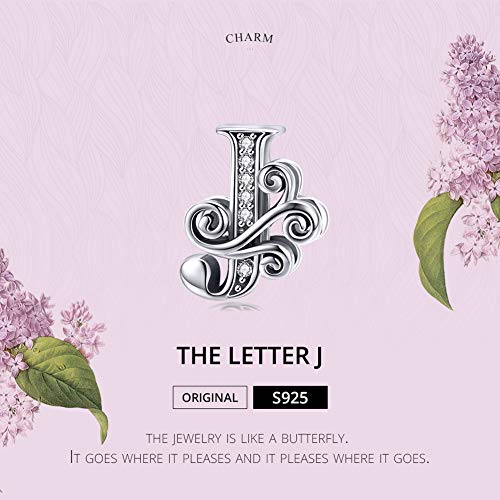 BISAER 925 Sterling Silver Initial Letter A-Z Charms for Bracelets Alphabet Beads Charm Jewelry Gifts - color: Letter J