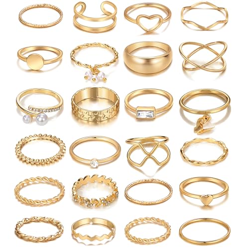 iF YOU 25 Pcs Gold Stackable Ring Set for Women, Chunky Knuckle Finger Midi Rings, Silver Simple Stacking Cute Rings Pack Trendy Stuff Jewelry Gift - style: 24 Gold pearl heart rings