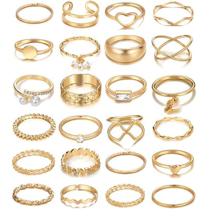 iF YOU 25 Pcs Gold Stackable Ring Set for Women, Chunky Knuckle Finger Midi Rings, Silver Simple Stacking Cute Rings Pack Trendy Stuff Jewelry Gift - style: 24 Gold pearl heart rings