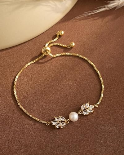 Gold Bracelets for Women Pearl Bracelet 14k Gold/White Gold Plated | Dainty Cubic Zirconia CZ Accented, Bridesmaid Jewelry, Prom Bracelet, Wedding Bracelets for Brides - color: gold-leaf box chain
