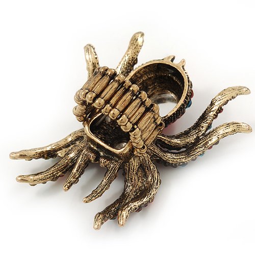 Avalaya Oversized Multicoloured Diamante Spider Stretch Cocktail Ring In Antique Gold Plating