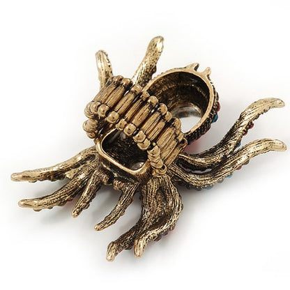 Avalaya Oversized Multicoloured Diamante Spider Stretch Cocktail Ring In Antique Gold Plating