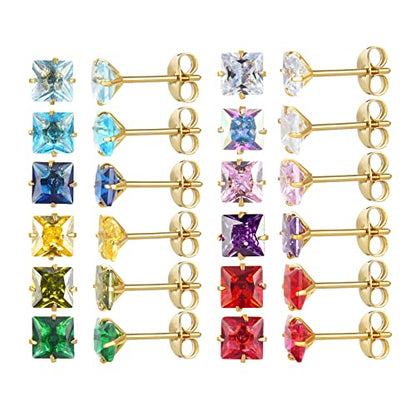 12 Pairs Surgical Stainless Steel Stud Earring Round Heart Star Square Cubic Zirconia Birthstone Stud Earrings Set for Women - color: Gold square 4mm