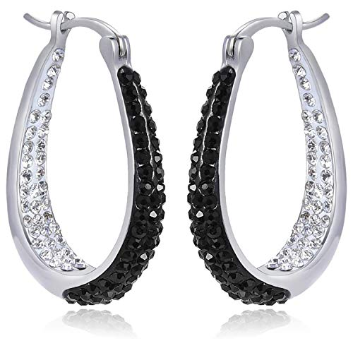 Savlano 14K White Gold Plated Inside Out Crystal Hoop Earrings For Women Comes With Savlano Gift Box - color: Black-White