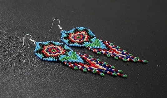 Weavish Medallion Beaded Necklace – Boho Native Handmade Seed Bead Tassel Necklace, Bohemian Large Statement Beaded Necklace for Women With Matching Elastic Bracelet