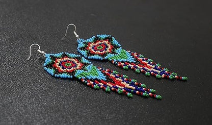 Weavish Medallion Beaded Necklace – Boho Native Handmade Seed Bead Tassel Necklace, Bohemian Large Statement Beaded Necklace for Women With Matching Elastic Bracelet