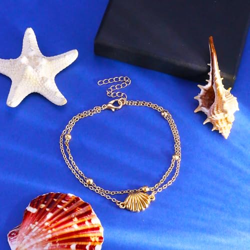 Gold Starfish Seashell Anklets Bracelets for Women Dainty Gold Layered Shell Link Chain Anklets Summer Conch Seashell Foot Bracelet Jewelry for Beach Vacation - color: gold2