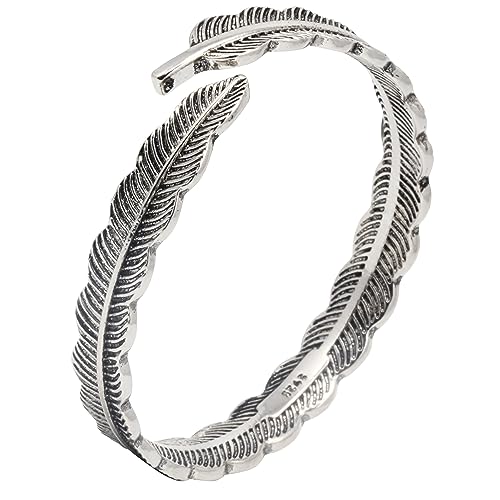 Innocence S925 Silver-Plated Antique Wide Feather Cuff Bracelet For Men Women Adjustable Retro Twisted Feathers Bracelets Gift Jewelry - color: Feather B