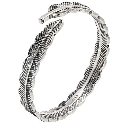 Innocence S925 Silver-Plated Antique Wide Feather Cuff Bracelet For Men Women Adjustable Retro Twisted Feathers Bracelets Gift Jewelry - color: Feather B
