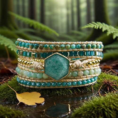 Handmade Boho Wrap Bracelets Natural Turquoise Crystal Stone Variety Beaded Strand Bracelet - color: Amazonite
