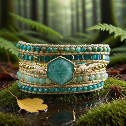 Handmade Boho Wrap Bracelets Natural Turquoise Crystal Stone Variety Beaded Strand Bracelet - color: Amazonite