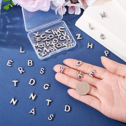 Beadthoven 52Pcs 26 Letter Charms Silver Stainless Steel Initial A-Z Alphabet Pendant Small Capital ABC Bubble Letter Metal Charms Cute Jewelry Accessory for DIY Necklace Earring Keychain Craft Making