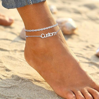 U7 Custom Layered Ankle Bracelets for Women Stainless Steel Bead/Cuban/Figaro/Rope/Wheat Chain Anklet Waterproof Anklet Jewelry for Beach Vacation - color: b-Silver-Rope Chain