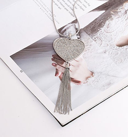MOLOCH Long Necklaces For Woman Disk Circle Pendant Necklaces Tassel Fringe Necklace Set Statement Pendant - color: Heart-shaped-silver