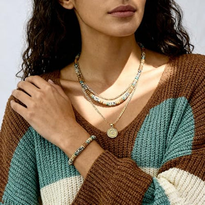 Beaded Necklaces for Women 3Pcs Colorful Boho Gemstone Bead Choker Summer Natural Stone Surfer Beach Bead Necklace Bracelets Earring Set Handmade Jewelry for Women Gift Jewelry Sets - color: 01-brown