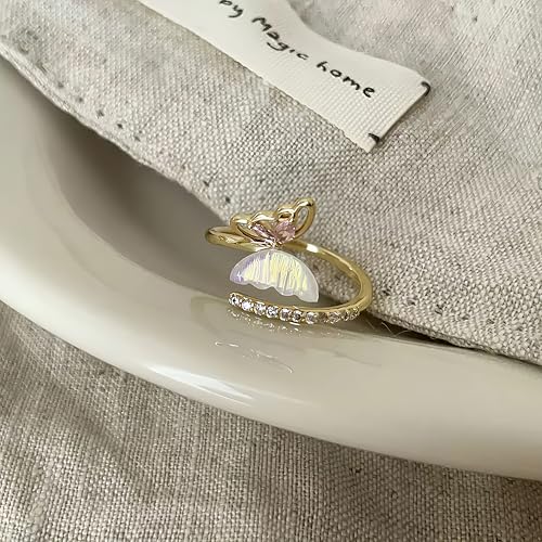Mettclasi Women's 14K Gold Plated Stackable Ring Crystal Inlaid Dainty Trendy Cute Adjustable Open Twist Rings Jewelry Gifts - style: Butterfly