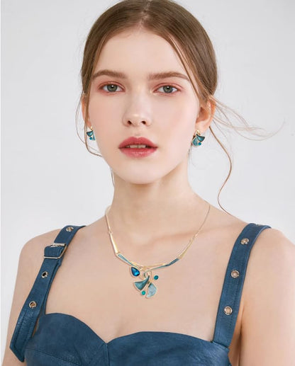 Chunky Statement Jewelry Set Vintage Retro Leaf Flower Floral Geometric Bohemian Boho Bib Necklace Earring Set Fashion Costume Jewelry for Women Girls Wedding Party Prom Unique Gift - style: triangle twist-aquamarine