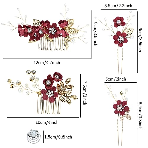 Cinaci 18 Pieces Bridal Wedding Party Prom Pearl Rhinestone Burgundy Flower Hair Side Combs Slides+U-shaped Flower Hair Pins+Twist Spiral Hairpins Floral Headpieces for Brides Bridesmaids Women Girls - color: Burgundy