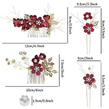 Cinaci 18 Pieces Bridal Wedding Party Prom Pearl Rhinestone Burgundy Flower Hair Side Combs Slides+U-shaped Flower Hair Pins+Twist Spiral Hairpins Floral Headpieces for Brides Bridesmaids Women Girls - color: Burgundy