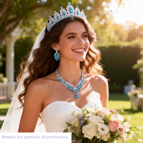 Kamirola Bridal Wedding Tiara Crown Jewelry Set for Women/Brides/Bridesmaids Crystal Jewelry Set for Wedding Prom Party Bridal Crystal Necklace Earrings Bracelet Set(TR60) - color: Silver Skylbue