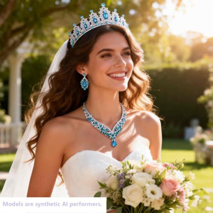 Kamirola Bridal Wedding Tiara Crown Jewelry Set for Women/Brides/Bridesmaids Crystal Jewelry Set for Wedding Prom Party Bridal Crystal Necklace Earrings Bracelet Set(TR60) - color: Silver Skylbue