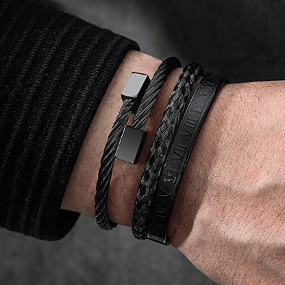 WFYOU 3PCS Stainless Steel Imperial Crown Bracelets for Men Gold Roman Numeral Bangle Bracelet Adjustable Cuff Bracelet Mens Luxury Jewelry Gifts - style: 09:Black- Square