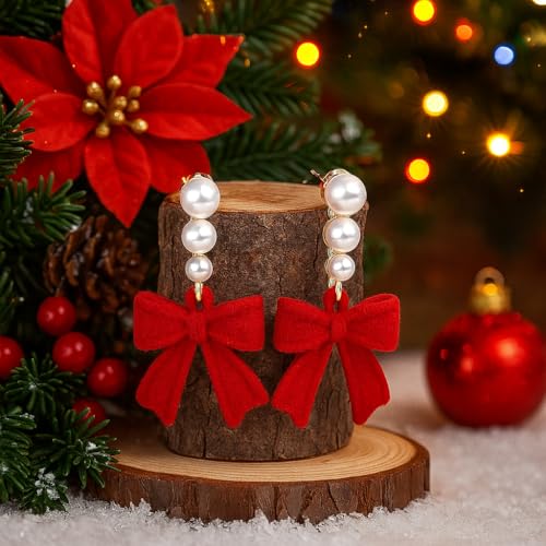 Gold Bow Earrings for Women, Long Tassel Chain Drop Earrings, Trendy Small Bow Earrings, Ribbon Waterfall Dangling Earrings, Pearl Bow Earrings, Sparkly Elegant Bowknot Preppy Jewelry Gifts for Women - color: S-Christmas1