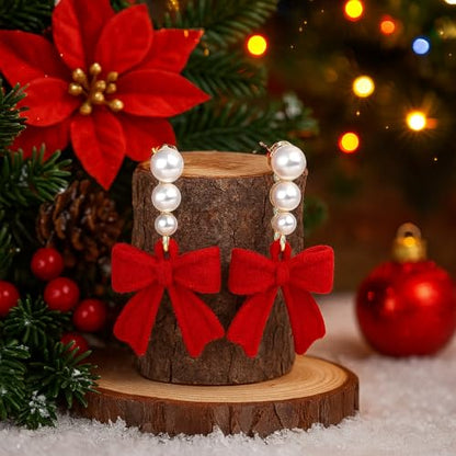 Gold Bow Earrings for Women, Long Tassel Chain Drop Earrings, Trendy Small Bow Earrings, Ribbon Waterfall Dangling Earrings, Pearl Bow Earrings, Sparkly Elegant Bowknot Preppy Jewelry Gifts for Women - color: S-Christmas1