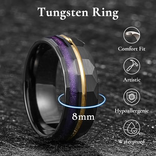 King Will Black Tungsten Rings for Men Hammer Wedding Band | Black, Grooved, Hammer Wedding Band Gold Groove, Sand Inlay, Everyday Wear - color: Black & Purple Sand Inlay