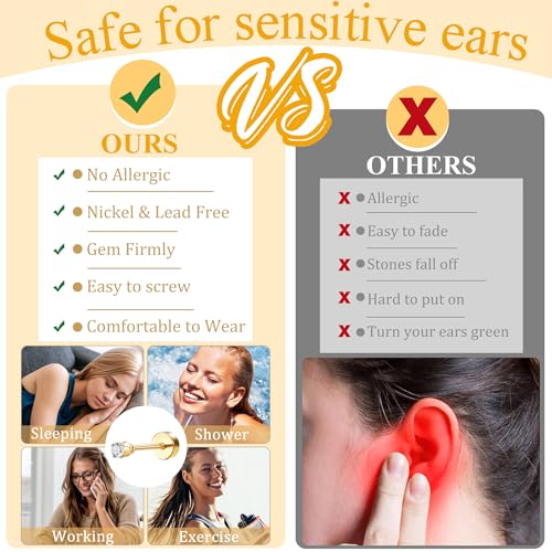 FASACCO Small Tiny Stud Flat Back Earring Hypoallergenic Gold Studs 14K Surgical Steel Earring Sets for Multiple Piercing Cartilage Hoop Earrings - color: gold tone