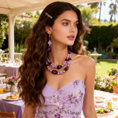 Layered Beaded Necklace and Earring Set Acrylic Beads Necklace Set Bohemian Chunky Jewelry Set for Women Beach - color: Purple