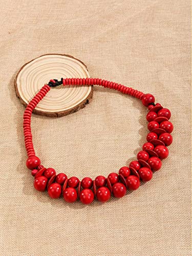 COLORFUL BLING Ethnic Large Chunky Wooden Beaded Necklaces Boho African Statement Necklace Handmade Tribal Collar Choker Bib Jewelry - color: joint red