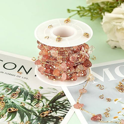 KYUNHOO 16.4FT Natural Gemstone Chain Links for Jewelry Making with Clasps | KC Gold Plated Brass Jewelry Chain Spool Handmade Natural Raw Healing Crystal Stone Chains for Necklace Making - color: Natural Stone-Strawberry