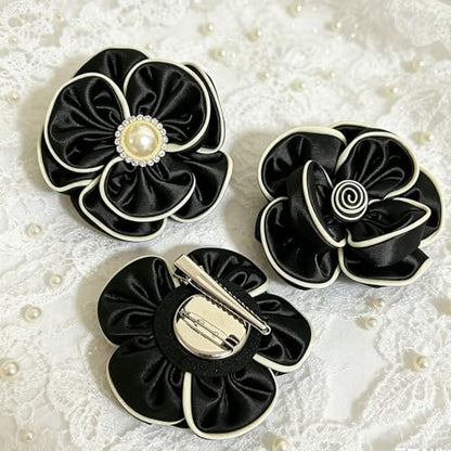 Camellia Flower Brooch Pin for Women Black Flower Brooches Large Fabric Flowers Brooch for Women Dress Accessorie - color: Black flower brooch