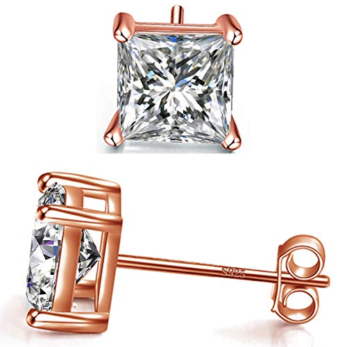 925 Sterling Silver Stud Earrings 4 Prong Princess Cut Square Cubic Zirconia Ear Stud for Women Men CZ 4mm-7mm - style: Rose Gold--2.40cttw (5mm)