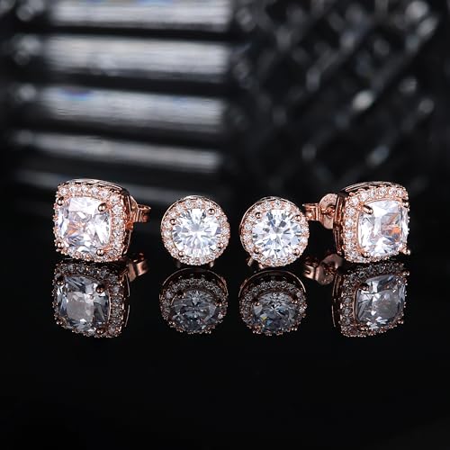 18K Gold Plated Halo Stud Earrings 925 Sterling Silver Cubic Zirconia Stud Earrings Round Square Diamonique Stud Earrings Set for Women Men - color: Rose Gold