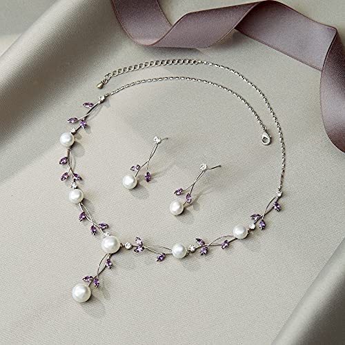 EVER FAITH Cubic Zirconia Pearl Leaf Vine Wedding Jewelry Set for Bride | Crystal Filigree Bridal Necklace Earrings, for Women Bridesmaid - color: 2pcs_Purple Silver-Plated-Brass