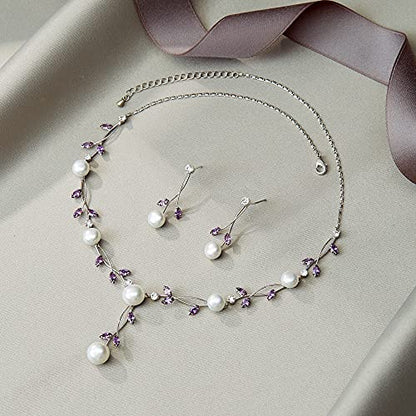 EVER FAITH Cubic Zirconia Pearl Leaf Vine Wedding Jewelry Set for Bride | Crystal Filigree Bridal Necklace Earrings, for Women Bridesmaid - color: 2pcs_Purple Silver-Plated-Brass