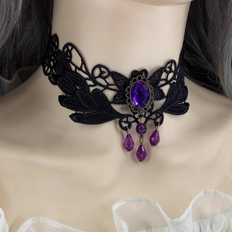 Goth Black Choker Necklace Crystal Bead Pendant Necklace for Women Gothic Velvet Lace Choker Halloween Vampire Witch Cosplay - color: A-Black and Purple