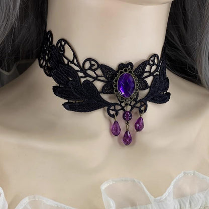 Goth Black Choker Necklace Crystal Bead Pendant Necklace for Women Gothic Velvet Lace Choker Halloween Vampire Witch Cosplay - color: A-Black and Purple