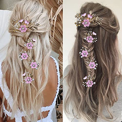 5 PCS Bridal Flower Wedding Hair Pins Crystal Pearl Hair Clips Headpiece Gold Wedding Hair Accessories Jewelry with Rhinestone for Brides Bridesmaids Women Girls Updo, Romantic Lilac Purple - color: Exquisite Flower Leaves&Romantic Lilac Purple