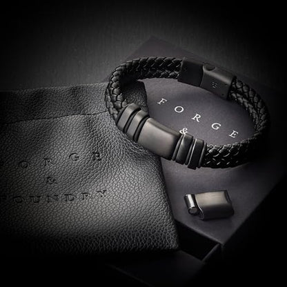 Forge & Foundry Men's Adjustable Black Leather Bracelet | Genuine Woven Leather with Snap Clasp | Design-Led, Artisan Jewelry from London [Navarro] - color: Black - Double Strand, size: X-Large