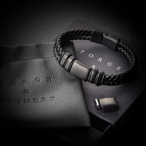 Forge & Foundry Men's Adjustable Black Leather Bracelet | Genuine Woven Leather with Snap Clasp | Design-Led, Artisan Jewelry from London [Navarro] - color: Black - Double Strand, size: Large