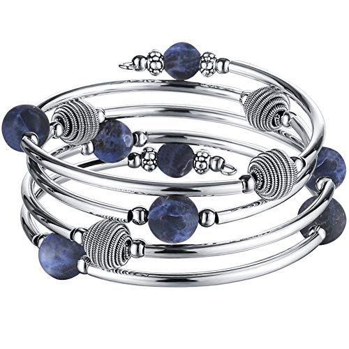 PEARL&CLUB Beaded Chakra Bangle Turquoise Bracelet - Fashion Jewelry Wrap Bracelet with Thick Silver Metal and Mala Beads, Birthday Gifts For Women - color: 63-Navy Blue